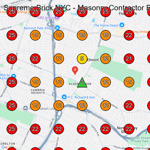 Supreme Brick NYC - Masonry Contractor Brooklyn, Queens, Bronx, NY GeoGrid visibility map for Concrete Contractor in Elmont